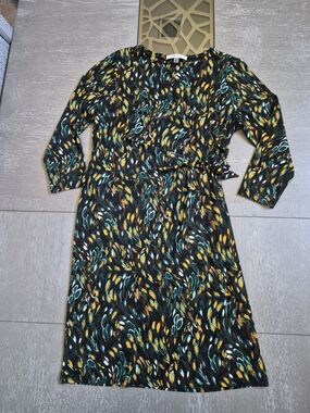 Kasper Black Dress with Teal & Mustard Leaf Print